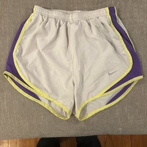 Nike Tempo shorts size XS Dri-fit white with purple and yellow/green